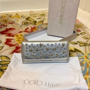 JIMMY CHOO Star Studded Silver Metallic Leather Long Wallet With Bag & Box
